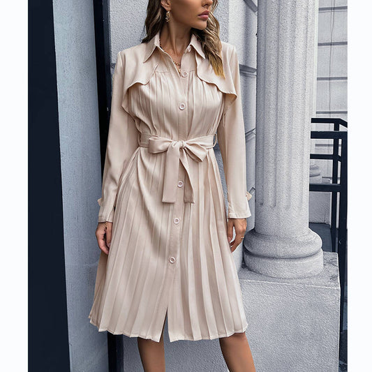 Trendy Long Sleeve Pleated Trench Coat Dress Wholesale Shirt Dresses