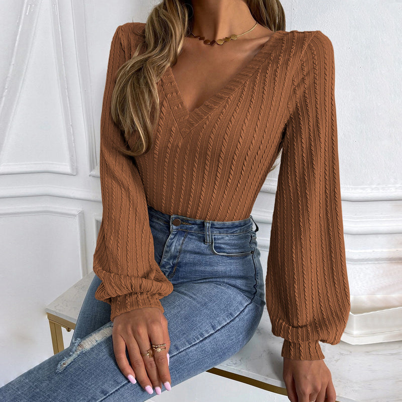 V-Neck Puff Sleeve Slim Fit Knit Long Sleeve T-Shirt Wholesale Womens Tops