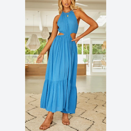 Halterneck Solid Color Sexy Open Waist Cutout Deisng Wholesale Maxi Dresses Vacation Dress