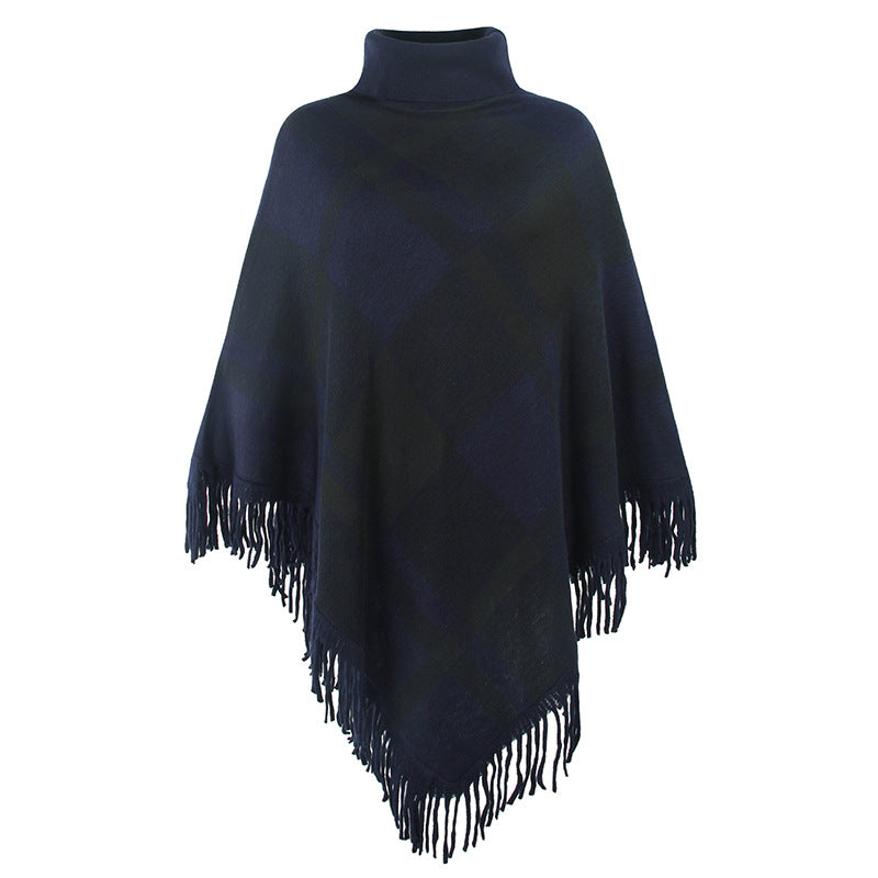 Fashion Long Fringed Plaid Shawl Loose High Neckline Knitted Wholesale Cape Sweater