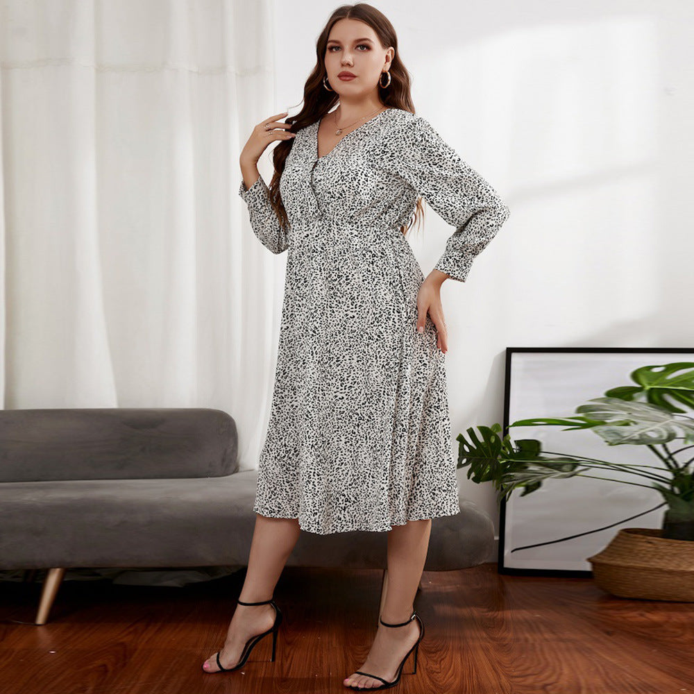 Wholesale Plus Size Women Clothing Leopard Print Slim V-Neck Long Sleeve Midi Dress