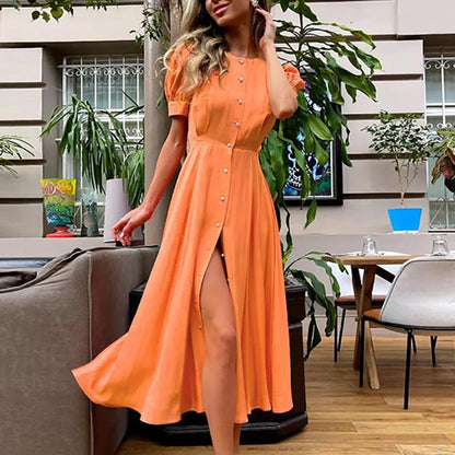 Solid Color Casual Puff Sleeve Single-Breasted Split Midi Dress Wholesale Dresses