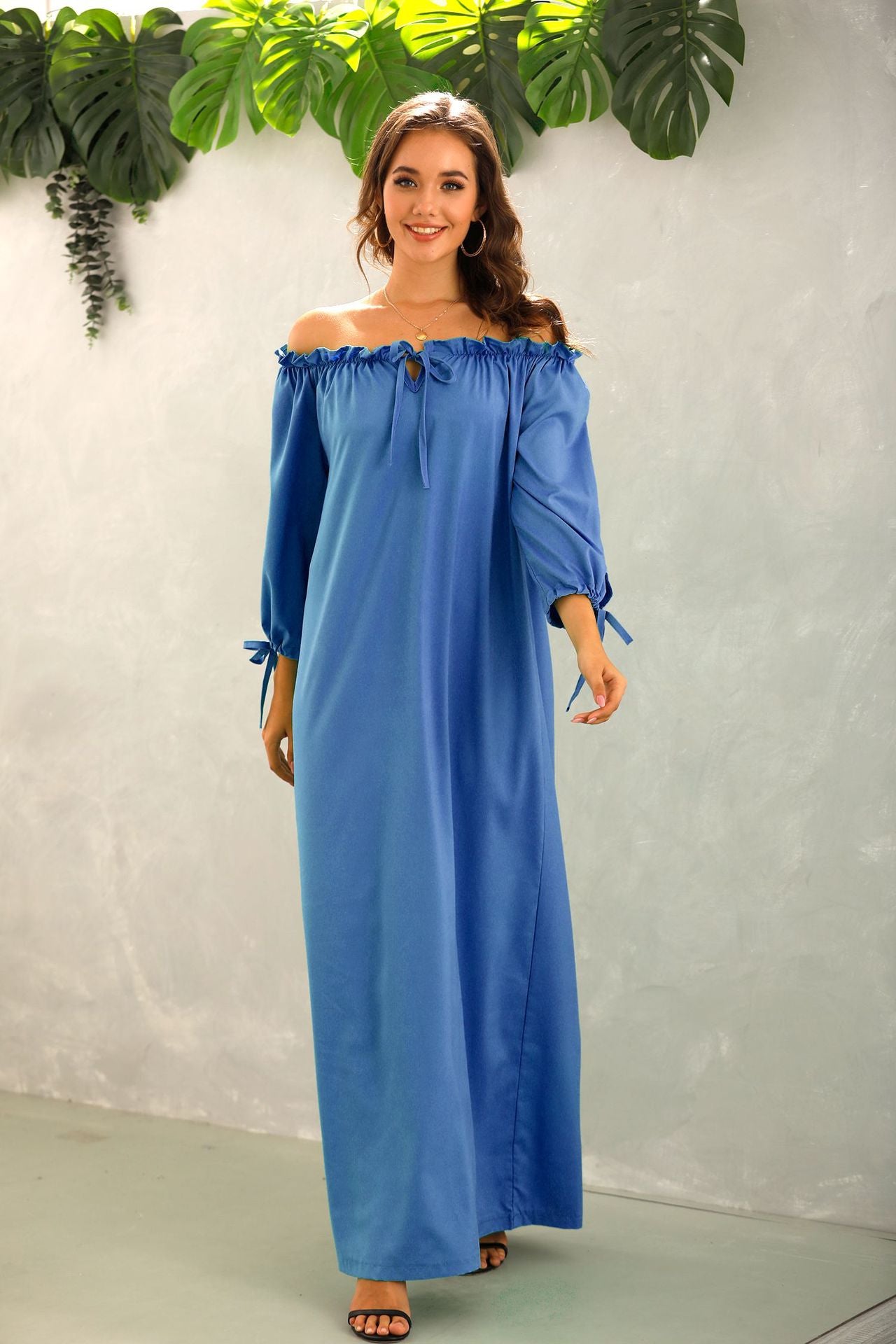 Off Shoulder Solid Color Lantern Sleeve Ruffles Loose Dress Casual Wholesale Maxi Dresses