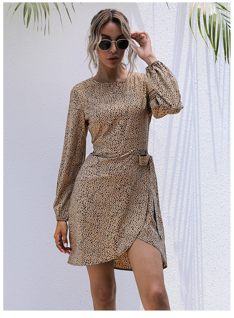 Women Fashion Long Sleeve Leopard Print Wholesale Wrap Dresses With Belt