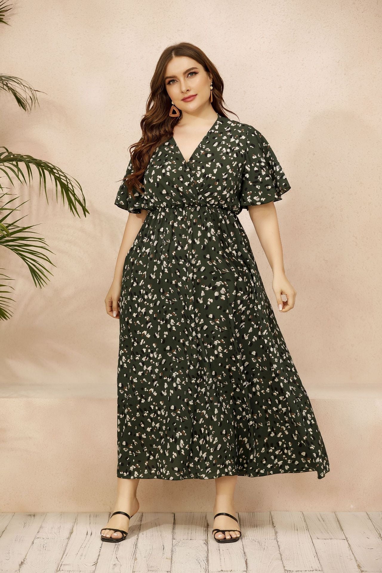 Casual V-Neck Print Dress Short Sleeve Loose Chiffon Plus Size Wholesale Dresses