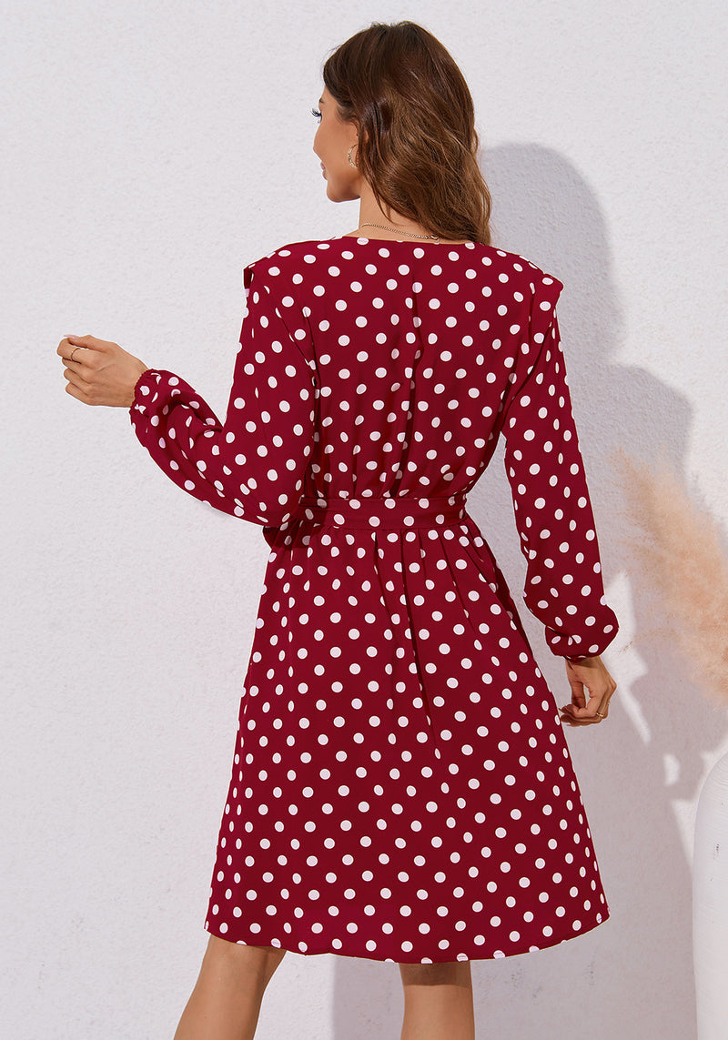 Polka Dot Print V-Neck Long Sleeve Casual Dress Wholesale Dresses