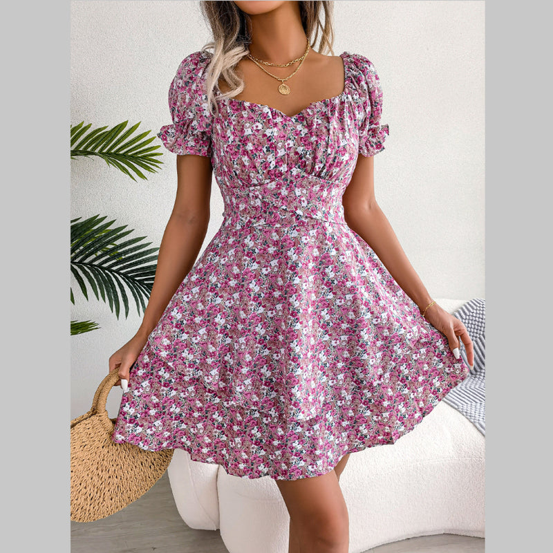 Chiffon Floral Square Collar Ruffles Swing Dress A-Line Lace-Up Wholesale Dresses