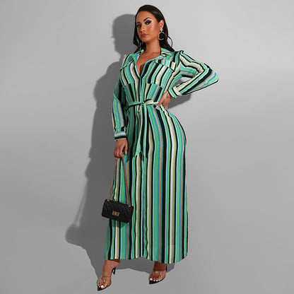 Wholesale Plus Size Women Clothing Striped Button-Down Lapel Long-Sleeved Fitted Shirt Dress