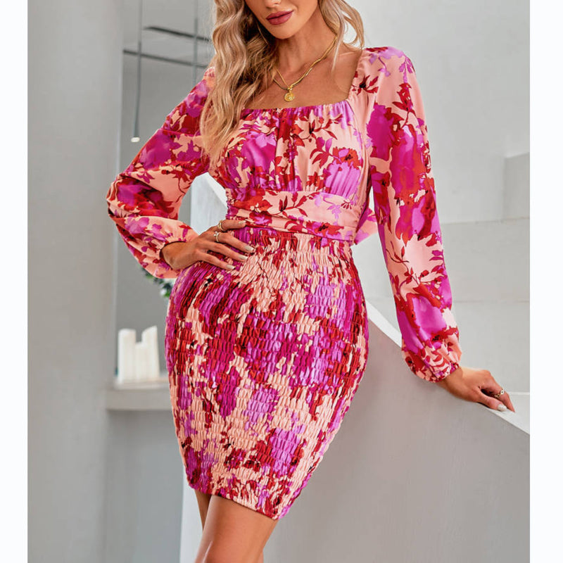 Trendy Long-Sleeved Floral Print Bag Hip Dress Wholesale Dresses