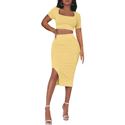 Short Sleeve Crop Tops & Slim Fit Slit Skirts Sexy Suits Wholesale Women'S 2 Piece Sets