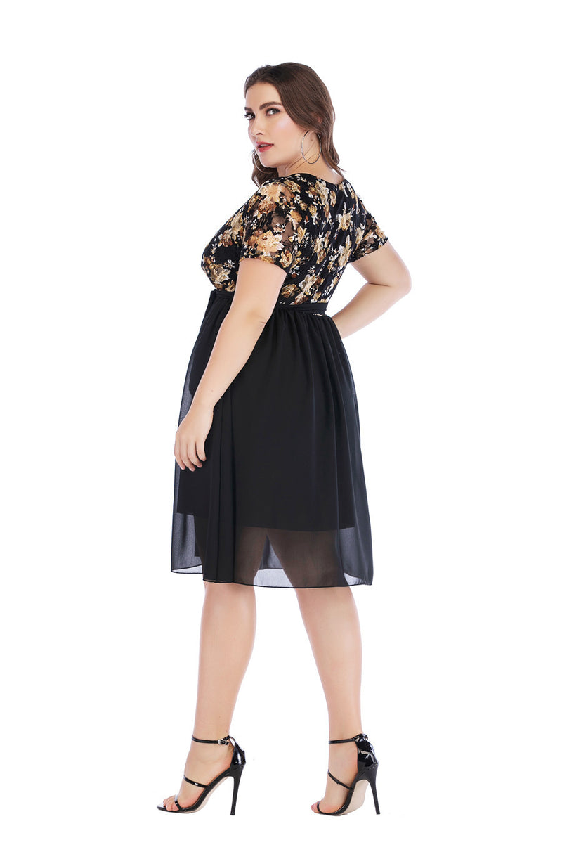 Floral Print Lace Stiching Fashion V-Neck Lace-Up Casual Curve Dresses Wholesale Plus Size Clothing