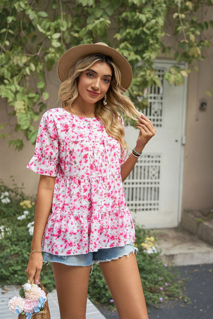 Printed Round Neck Short Sleeve Chiffon T-Shirts Wholesale Womens Tops