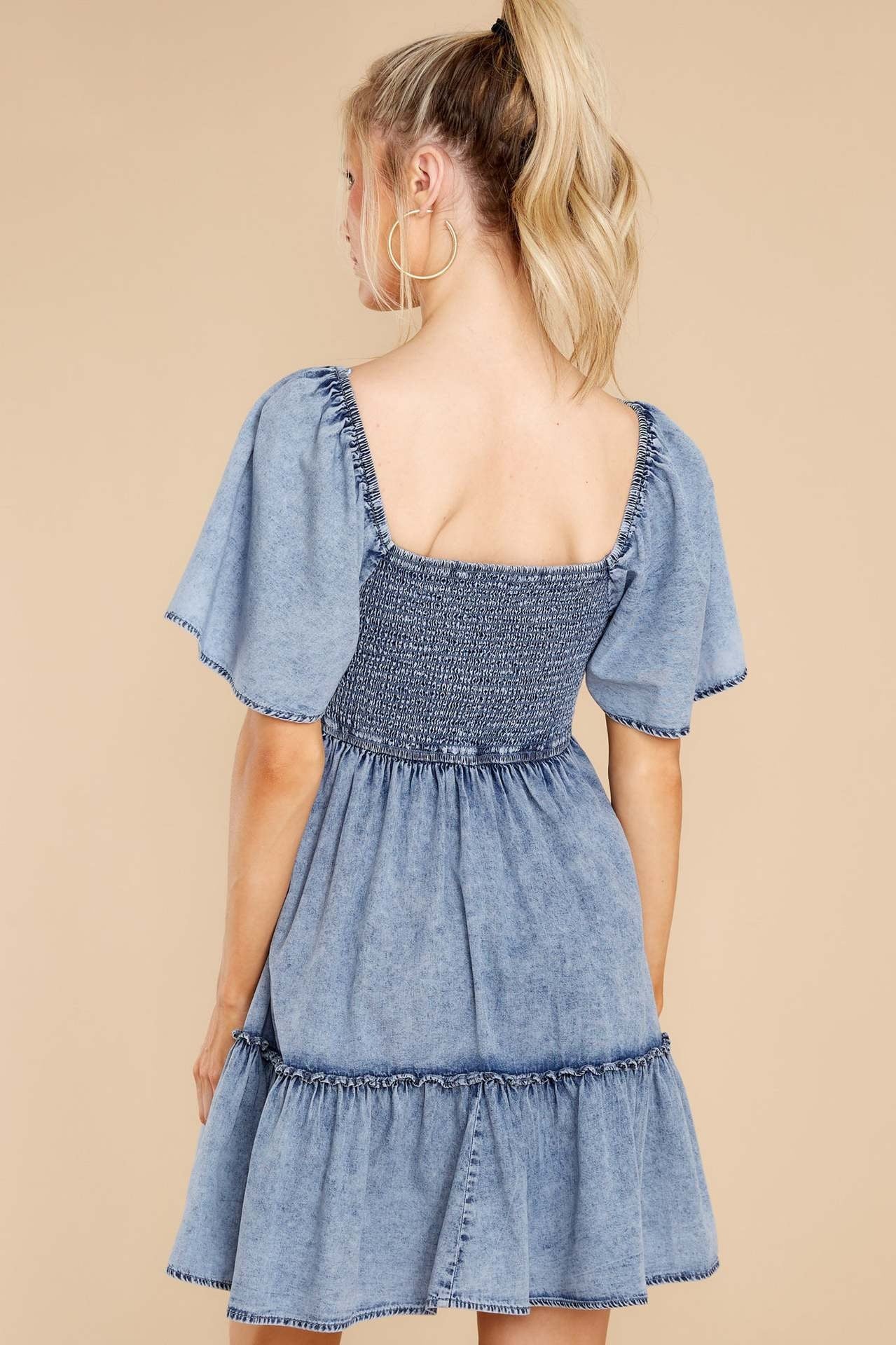 Sexy U Neck Denim Swing Dress Casual Short Sleeve Solid Color Wholesale Dresses