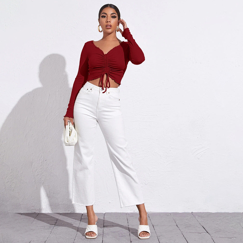 Sexy V-Neck Drawstring Pleats Top Solid Color Long Sleeve Slim Wholesale Crop Tops