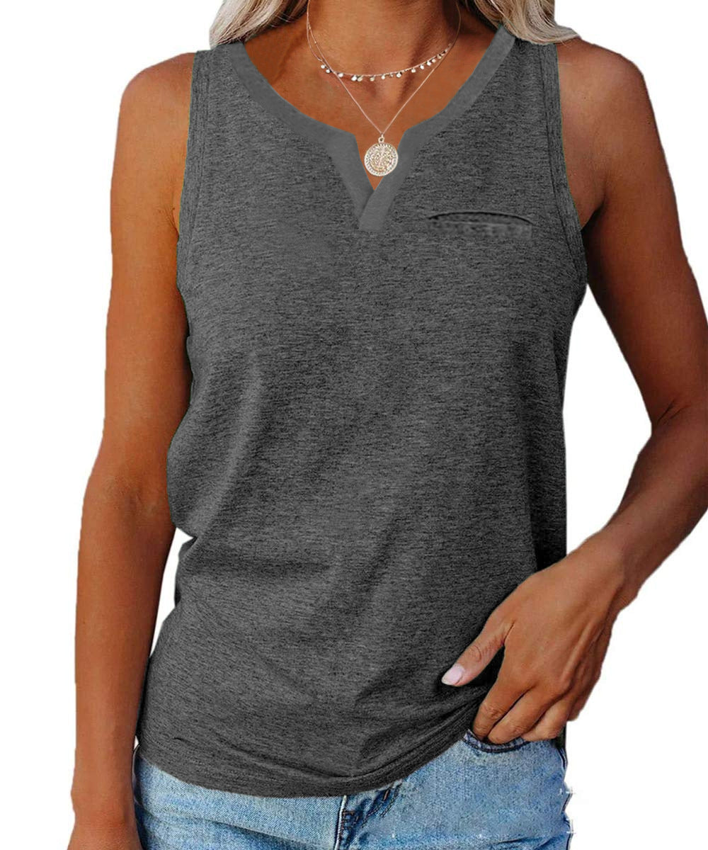 V-Neck Solid Color Sleeveless Loose Womens Vests Casual Summer Wholesale Tank Tops