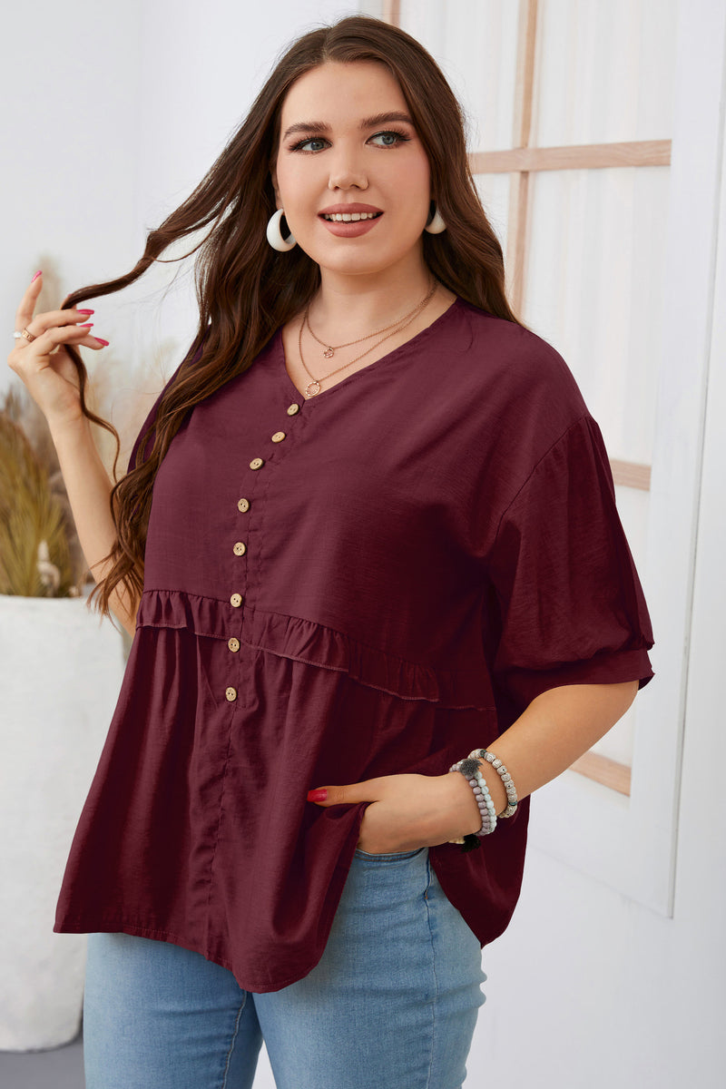 Solid Color Puff Sleeve V Neck Button Down Wholesale Plus Size Tops for Summer