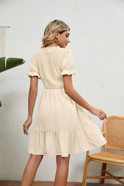 Round Neck Solid Color Short Sleeve Ruffled Dress Wholesale Dresses