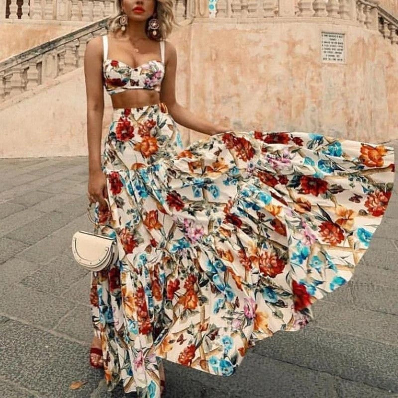 Bohemian Print High Waist Swing Skirt Suspenders Two-Piece Set Wholesale Women Clothing