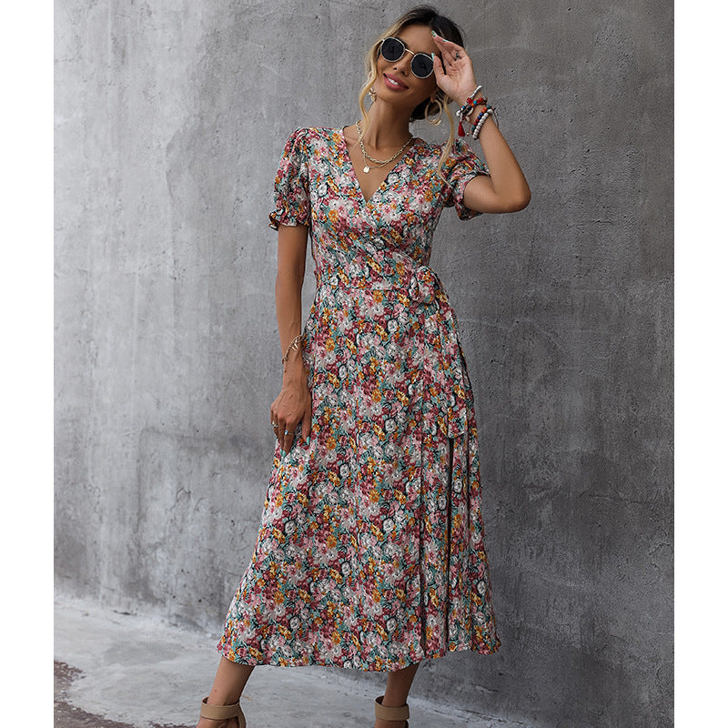 Summer Floral Print V-Neck Puff Sleeve Long Wrap Dress Wholesale Dresses