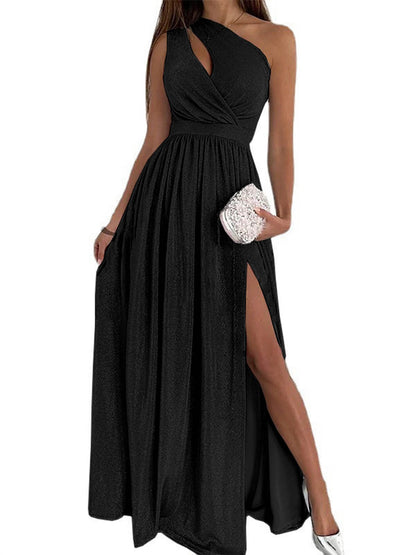 Women Fashion Plain One Shoulder Hollow Out High Slit Wholesale Prom Dresses