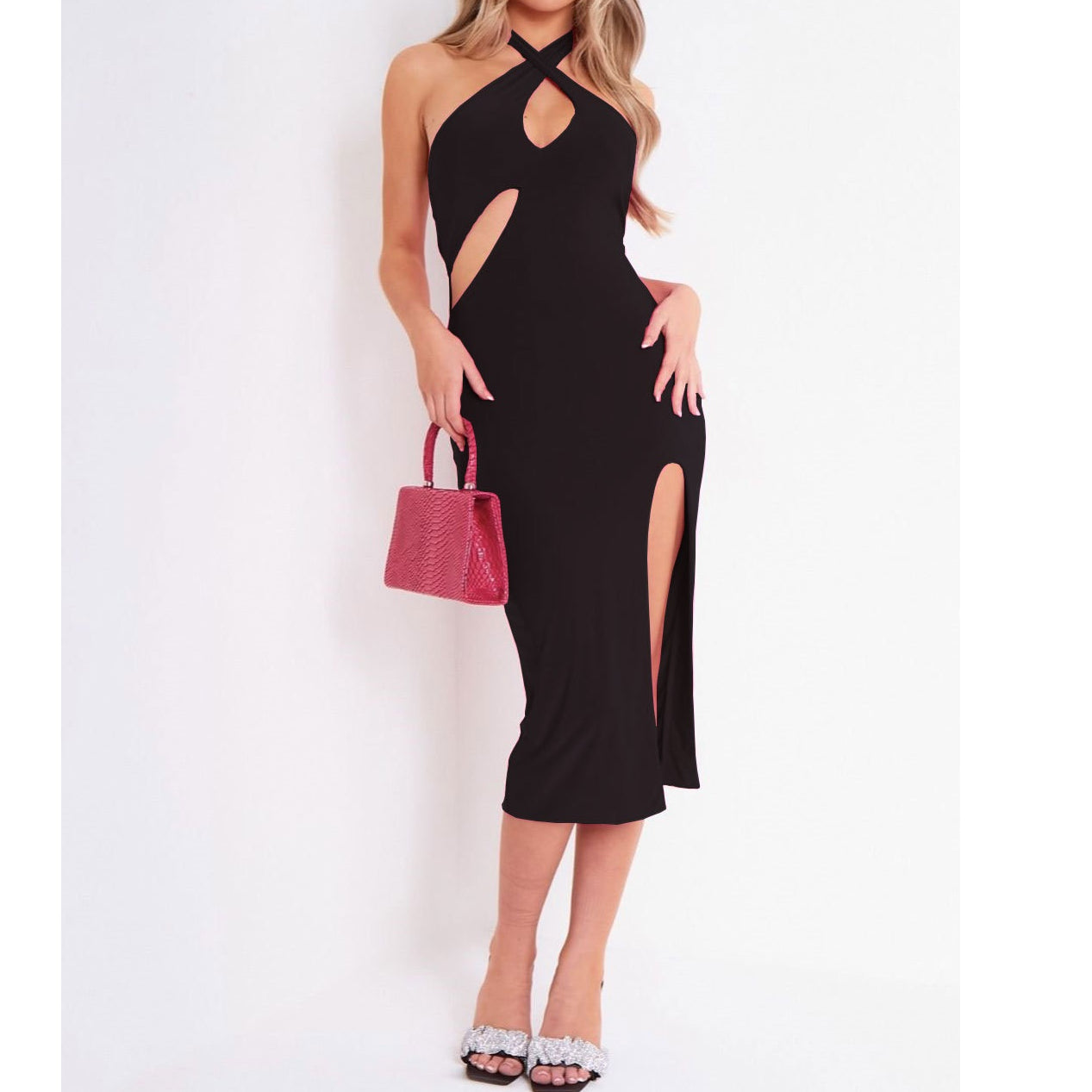 Sexy Cross Halter Midi Dress Hollow Out Bodycon Solid Color Backless Side Slit Wholesale Dresses