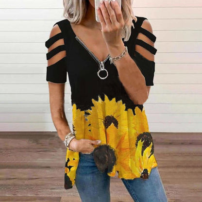 Printed V-Neck Zip Pullover Short Sleeve Loose Womens T-Shirt Wholesale Tunics Tops