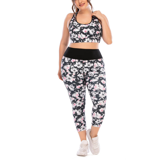 Floral Print Tight Sport Bra & Leggings Curve Yoga Fitness Suits Activewears Plus Size Two Piece Sets Wholesale