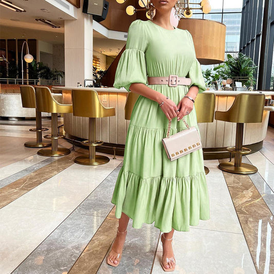 Solid Color Puff Sleeve Round Neck Smocked Dress Wholesale Dresses