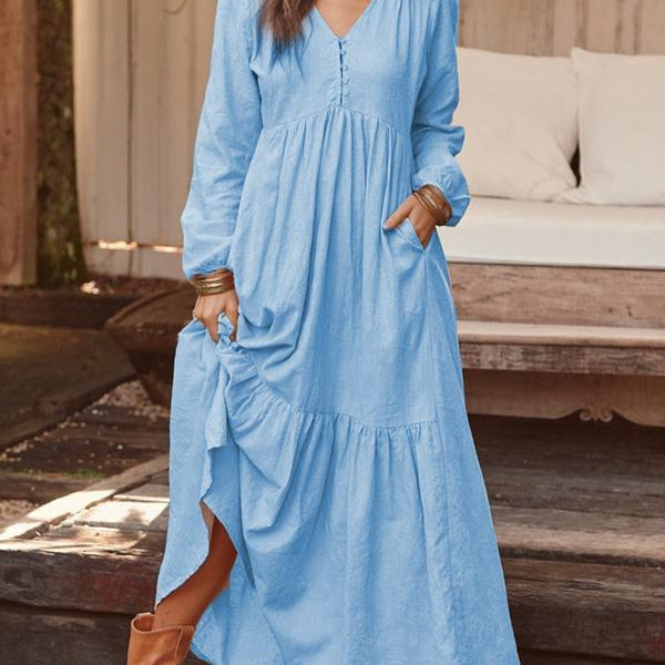 Cotton And Linen Casual Long-Sleeved Wholesale Maxi Dresses Vintage