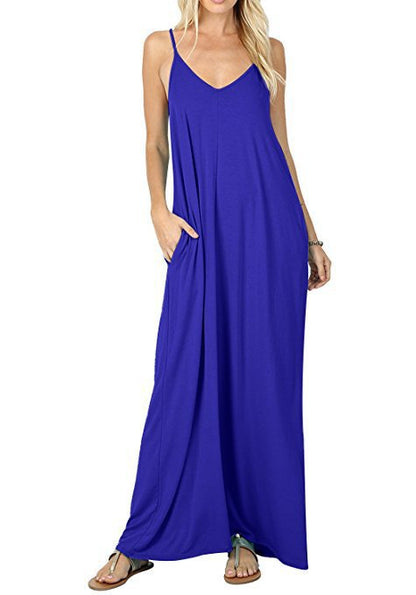 Women Sleeveless Spaghetti Strap V Neck Plain Wholesale Maxi Dresses Summer