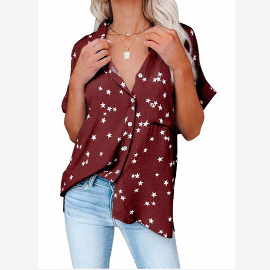 Lapel Collar V Neck Star Print Short Sleeve Wholesale Shirts Blouses