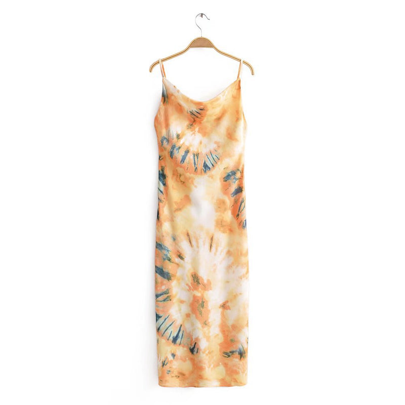 Sundresses Open Back Tie Dye Print Sling Slim Slit Mid-Length A-Line Dress Wholesale Dresses