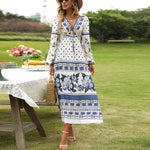 Fashion Printed Hollow Tie-Up Long Sleeve Vacation Bohemian Dress Wholesale Dresses