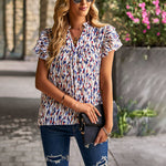 Floral Print Ruffled Short Sleeve V-Neck Casual Shirt Wholesale Womens Tops