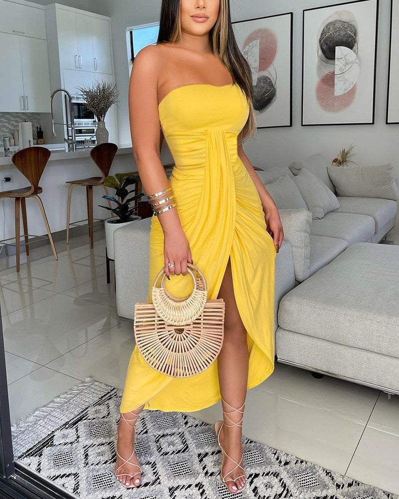 Off Shoulder Wrap-Chest High-Slit Tube Top Dress Wholesale Maxi Dresses