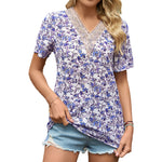 Lace Paneling V-Neck Floral Print Chiffon T-Shirts Wholesale Womens Tops