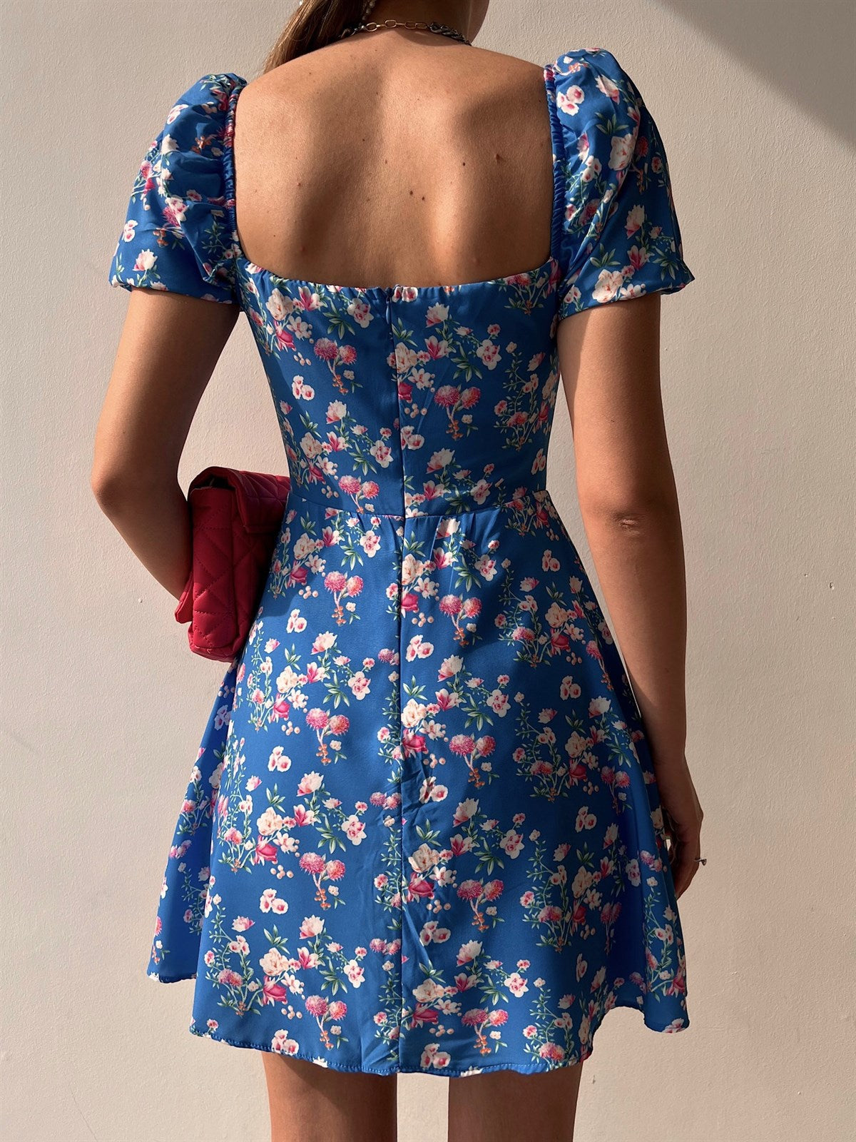 Sexy Square Collar Floral Dress Slim Puff Sleeve Slit Wholesale Dresses