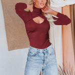 Fashion Slim Sexy Cutout High Neck Long Sleeve Threaded Tops Wholesale Women'S T Shirts