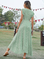 V-Neck Lace-Up Waist Floral Print Ruffle Flowy Dress Wholesale Maxi Dresses