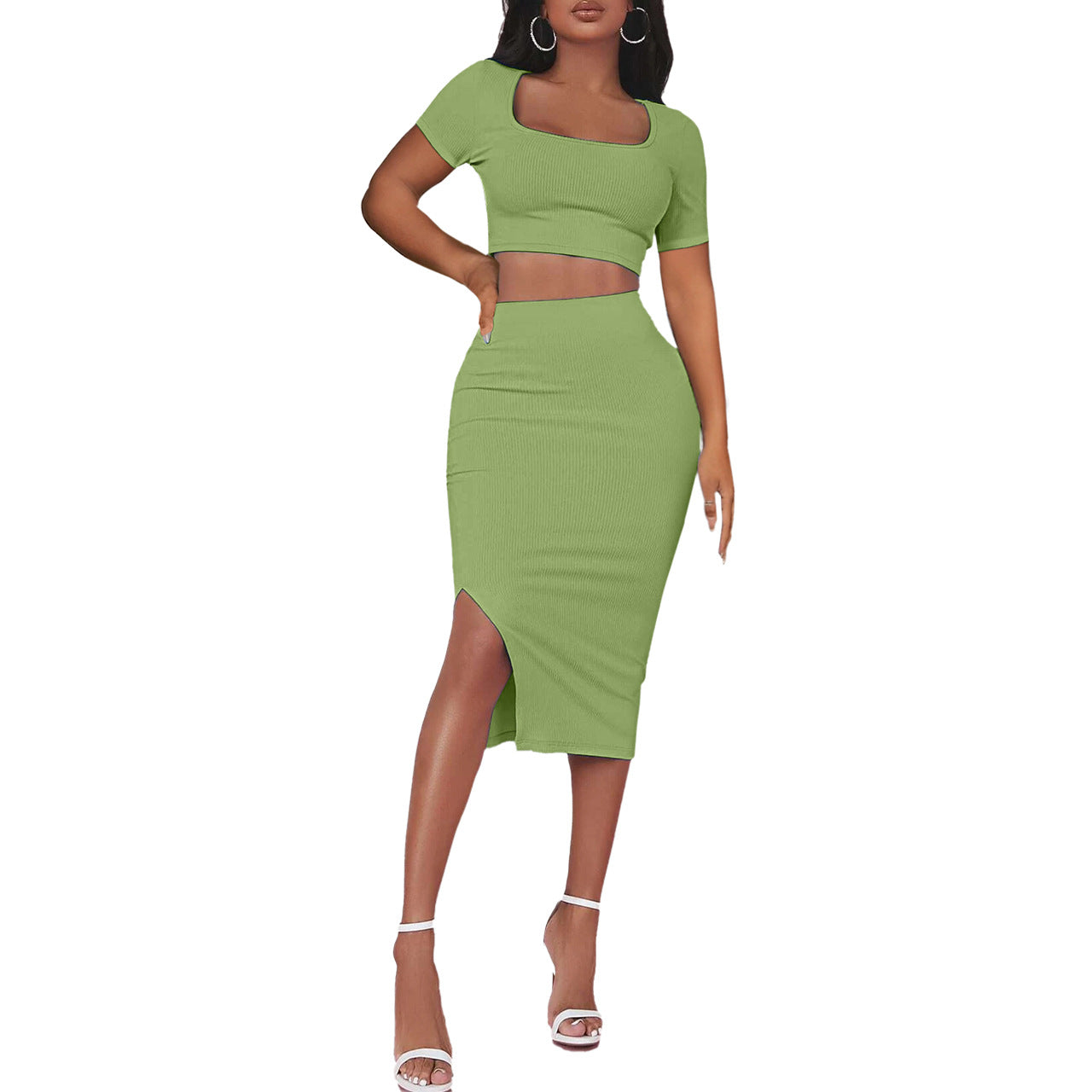 Short Sleeve Crop Tops & Slim Fit Slit Skirts Sexy Suits Wholesale Women'S 2 Piece Sets