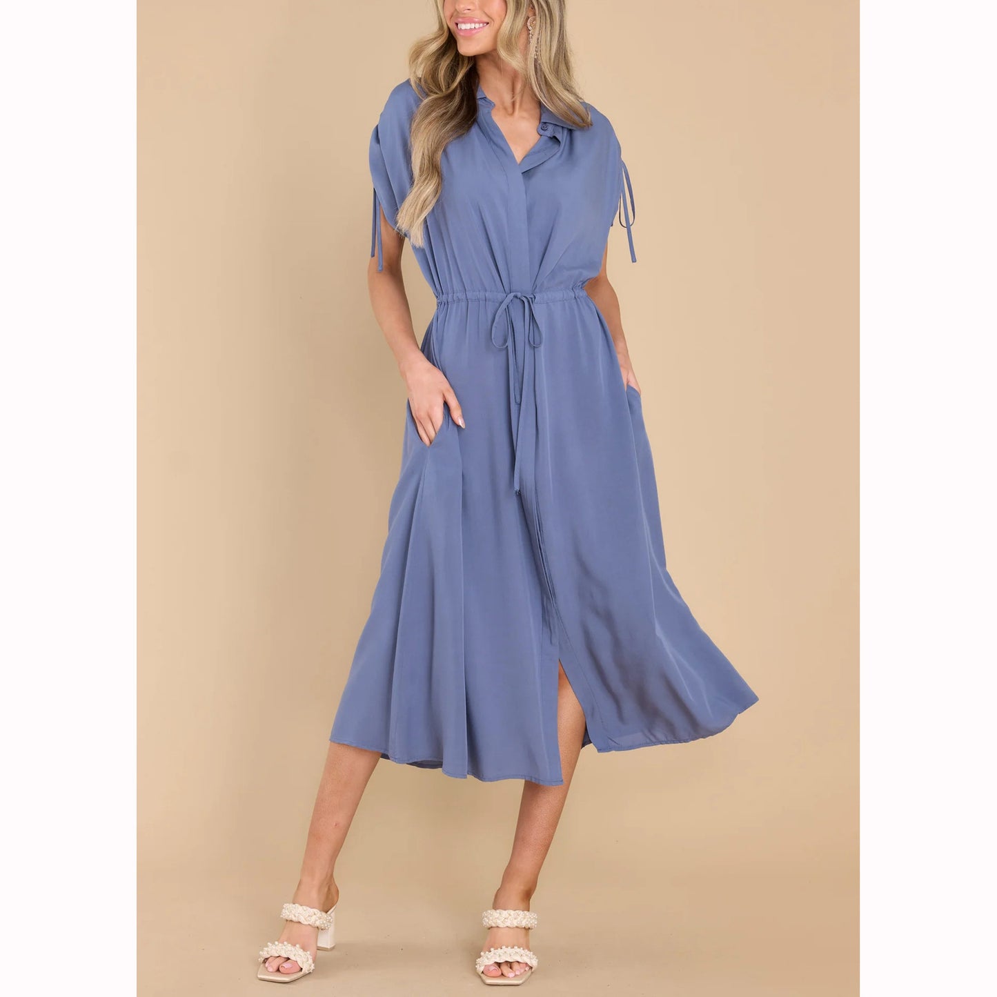 Summer Drawstring Waist Lapel Single-Breasted Casual Midi Dress Wholesale Dresses