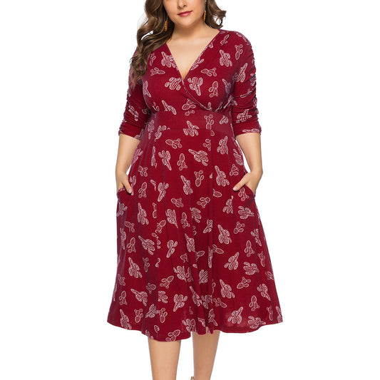 Fashion Print V-Neck Midi Dress With Pockets Three-Quarter-Sleeve Dresses Wholesale Plus Size Clothing