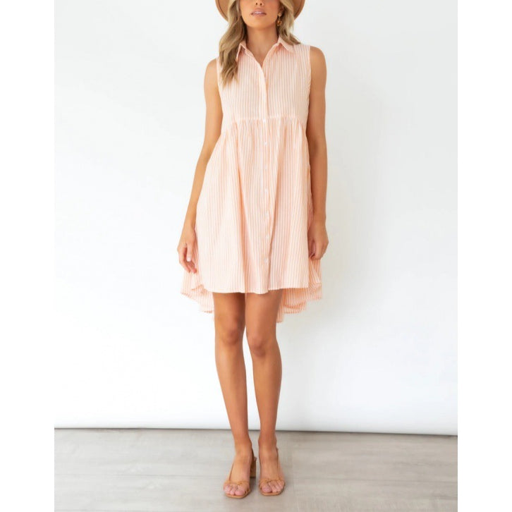 Vertical Stripe Print Single Breasted Lapel Sleeveless Loose Shirtdress Casual Wholesale Shirt Dresses