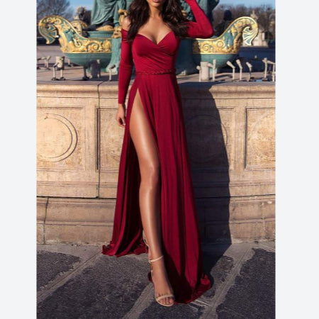 Slash Neck Side Split Swing Wholesale Red Prom Dresses For Valentine