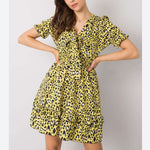 Leopard Print Tieback V Neck Bowknot Puff Sleeve Ruffled Dress Casual Wholesale Dresses