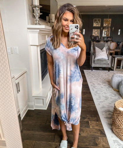 Casual Fashion Tie-Dye Painted Short-Sleeved V-Neck Loose Slit Dress Wholesale Dresses