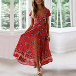 Floral V Neck Wholesale Bohemian Dresses Tie Waist Maxi Wrap Dresses Summer