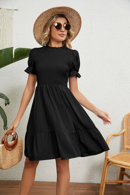 Round Neck Solid Color Short Sleeve Ruffled Dress Wholesale Dresses