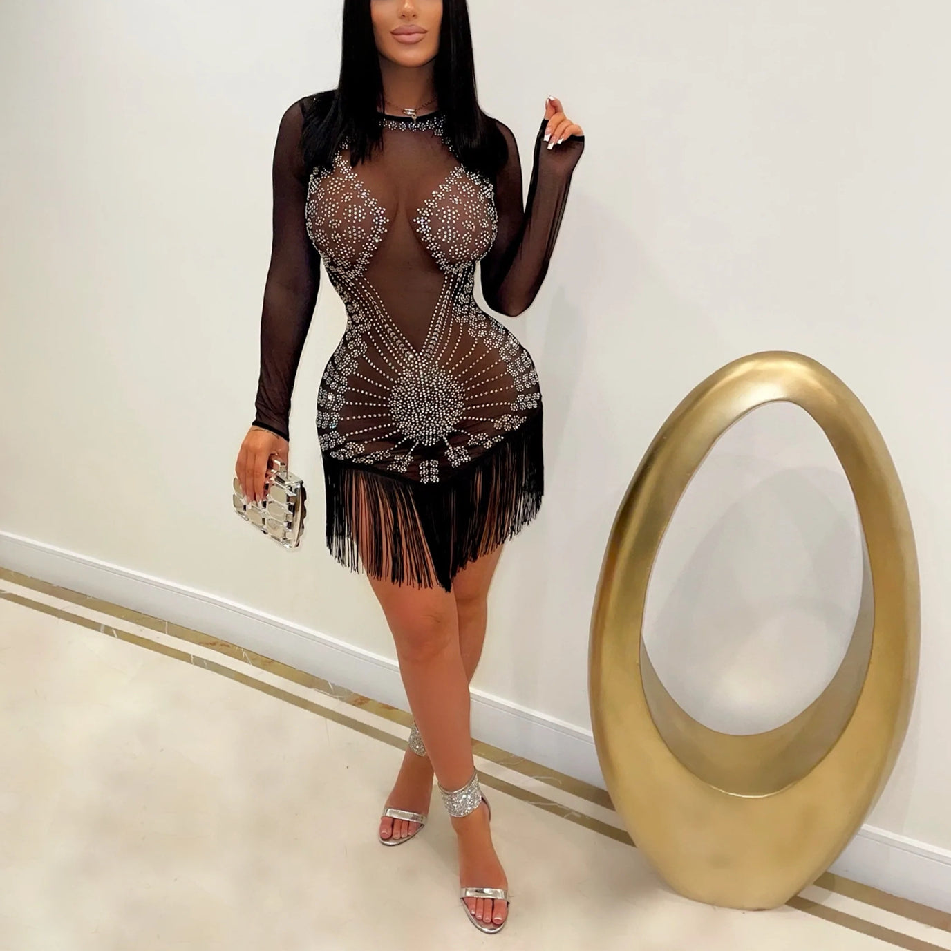 Sexy Mesh Tassel Long Sleeve Nightclub Bodycon Dress Wholesale Dresses