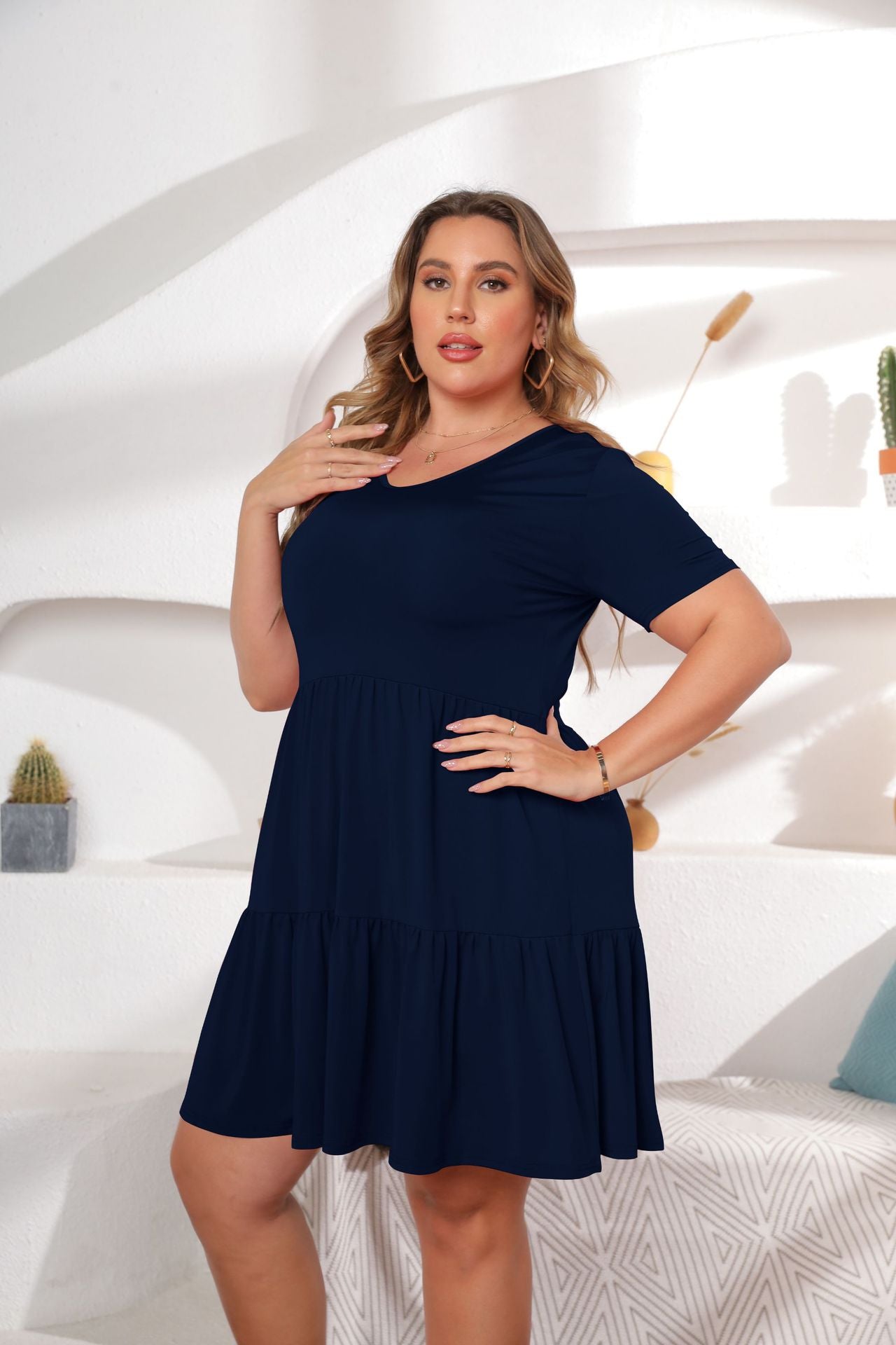 Solid Color V-Neck Short Sleeve Casual Pleated Smocked Curve Dress Wholesale Plus Size Clothing